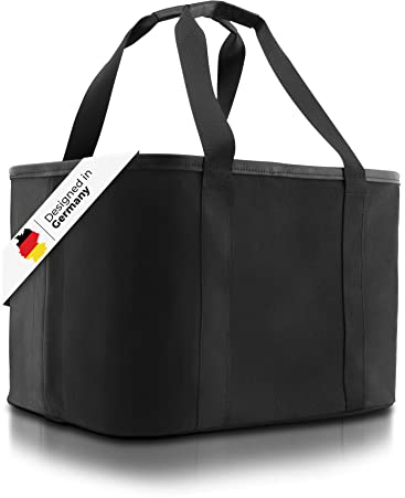 Selinchen® - Premium Einkaufskorb | Hochwertige Einkaufstasche faltbar und mit PU-Ledergriff | Ideal als eleganter Picknickkorb oder Shopper | 30 Liter (Schwarz) |