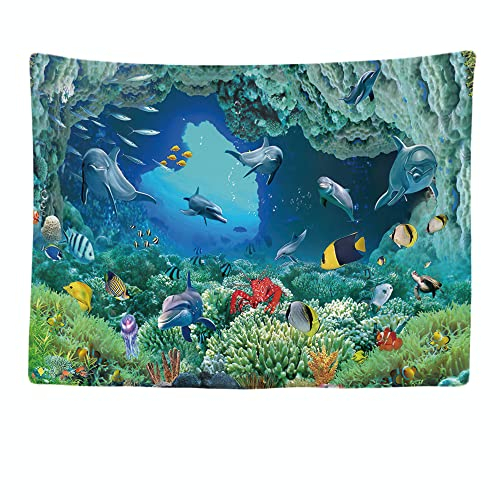 Ulticool - Wandteppich Tapestry Dekoration Wohnung - Delphin Fisch Aquarium Koralle Meer - 200 x 150 cm groß - Wandtuch Wandbehänge Tiere - Accessoires für Schlafzimmer Wohnzimmer Kinderzimmer