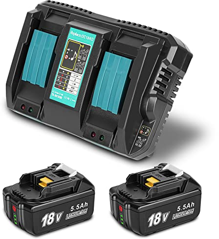 JYJZPB 2 X 18V 5500mAh Ersatzakku für Makita + DC18RD Dual Port Ladegerät Kompatibel mit BL1850B BL1830 BL1840 BL1850 BL1860 BL1815 BL1820