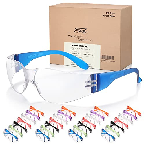 168er Pack Sicherheitsbrille 7 Farben Uni Klare Schutzbrille Anti-Scratch Stoßfest ANSI Z87.1 EN166 zertifiziert Perfekt für Bau, Schießen und Labor