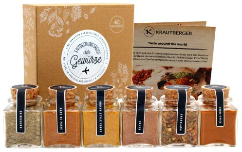 Kb KRAUTBERGER Gewürze Geschenkbox zum Kochen I 6 Gewürzmischungen aus aller Welt Geschenk Vatertagsgeschenk I Geschenkset in Bio-Qualität + Rezepte - Muttertagsgeschenk Geschenkidee