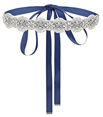 IYOU Frauen Brautgürtel Perle Hochzeit Schärpe Gürtel Funkelnd Kristall Kleid Gürtel mit Marineblau Band für Bräute und Brautjungfern