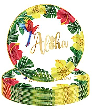 16Pcs Hawaiian Luau Paper Plates 9,Summer Tropical Luau Plates Disposable Tableware Dessert Plates,Aloha Paper Plate Dinner Luncheon Plates for Kids Birthday Beach Hawaiian Tropical Party Decorations