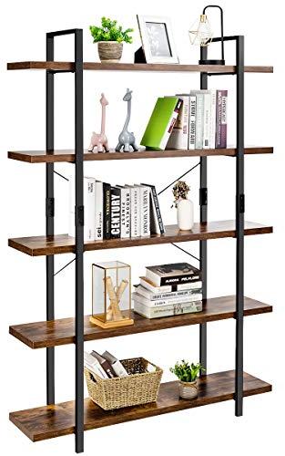 COSTWAY 5-Tier Industrial Bookshelf, Ladder Bookcase Storage Shelving Unit with Anti-Tipping Device, Freestanding Metal Frame Wooden Display Rack Shelf for Living Room Bedroom Office, 120x32x178cm