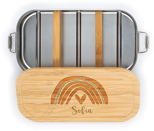 Kidsmood- Personalisierte brotdose mit Bambusdeckel, Individuelle Edelstahl lunchbox für kinder mit Wunschnamen, Ideal für Schule und Kindergarten, personalisierte Geschenke Kinder