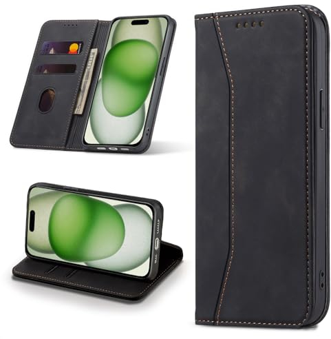 Leaisan Handyhülle für iPhone 15 Plus Hülle Premium Leder Flip Klappbare Stoßfeste Magnetische [Standfunktion] [Kartenfächern] Schutzhülle für iPhone 15 Plus 5G (6,7 Zoll) Tasche - Schwarz