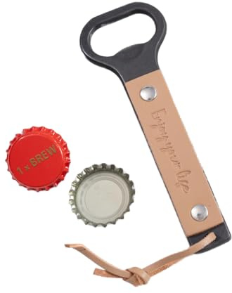 Hand Forged Beer Bottle Opener, Handmade Wrought Iron Metal Bottle Opener, Antique Finish Leather Handle Opener, Unique Beer Gifts for Men Him Dad Husband Boyfriend. (Light)