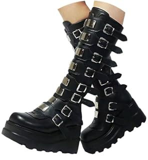 tinbarry Stivali Donna Stivali Invernali Alti al Ginocchio Stivali Punk Gotici con Plateau Stivali in Pelle PU Stivaletti con Zeppa Vintage Stivali con Tacco Largo Boot con Cerniera