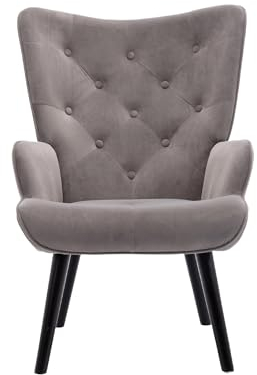 Rustikale Akzent Stuhl Vintage Wingback Stuhl Mikrofaser gepolstert Mid Century hohe zurück Schreibtischstuhl mit Armen Massivholz Beine für das Lesen Wohnzimmer Schlafzimmer Wartezimmer (Grau)