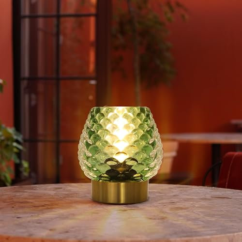 Ecleng Cycodo Small Table Lamp with Timer,Cordless Battery Operated Lamp with LED Bulb,Glass Battery Powered Lamp for Bedroom/Bathroom/Kitchen/Dining,Living Room Decoration for Corner,Bedside,Green