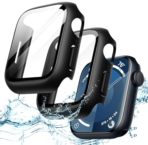 JETech Funda Impermeable con Protector de Pantalla para Apple Watch Series 9 8 7 41mm, Cristal Vidrio Templado Incorporado Carcasa Protectora Completa PC Dura, 2 Unidades (Negro)