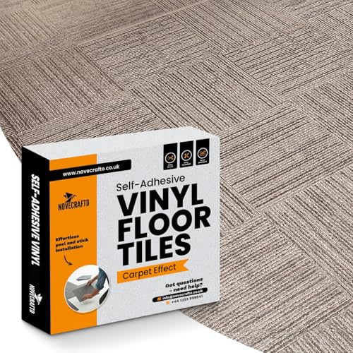 NOVECRAFTO Vinyl Floor Tiles Self-Adhesive – 50 Pack, 30 x 30cm (4.65m² Coverage) Carpet Effect Peel & Stick Floor Tiles – Easy to Clean Durable Vinyl Flooring for Kitchen, Living Room & Office(Beige)