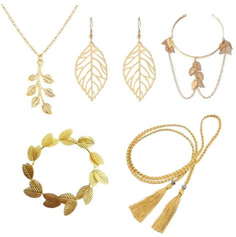 NyxSeat 5-Teiliges Set Mit Göttinnen-Zubehör, Griechische Göttin-Kostümzubehör-Set, Einschließlich Stirnband, Ohrringe, Quastengürtel, Armbänder, Halskette Für Damen.