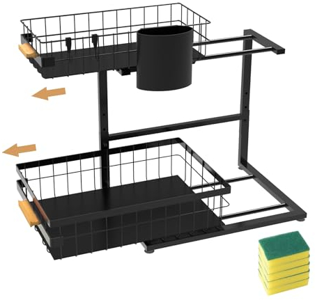 Faumsut Under Sink Organizer, 2 Tier Under Sink Organizers and Storage, Slide Out Pull Out Metal Cabinet Organizer Shelf for Kitchen Bathroom Pantry Cabinet Closet Organization Rack