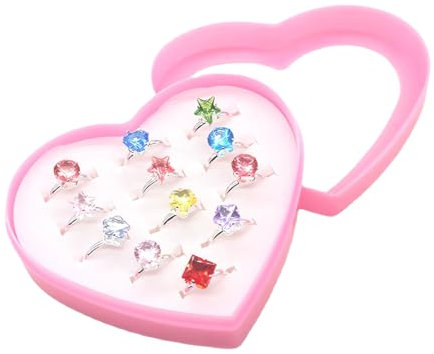 JRYXDS Mädchen Ringe, Prinzessin Schmuck Set,12 Stück Kinderringe Mädchen, Schmuck Verstellbare Ringe, Kinder Dress Up Ring Set Mit Herzform Vitrine Für Kinder Geburtstag Party Favors