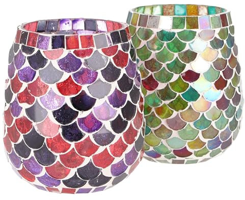 GURU SHOP 2 Handgearbeitete Glas Mosaik Windlichter, Romantisches Windlicht, Vintage Teelichthalter - Set 11, 12x11x11 cm