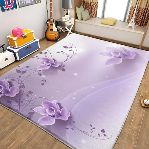 Generic Lila Teppiche Gegend Lila Orchidee Teppich Wohnzimmer 80 x 150cm Waschbarer Teppich Kurzflor Teppich Anti-Rutsch Unterseite Heimdeko für Schlafzimmer