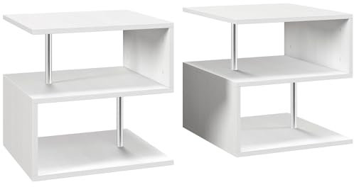 HOMCOM Wooden S Shape Cube Coffee Table 2 Tier Storage Shelves Organiser Office Bookcase Living Room End Desk Stand Display Set of 2 (White)