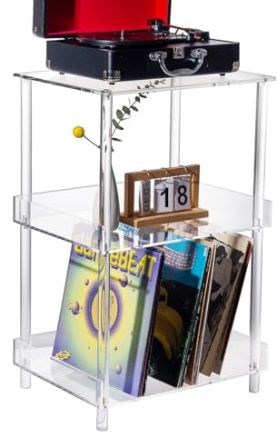 Antilope Soporte acrílico para tocadiscos con almacenamiento de vinilo, soporte giratorio de 3 niveles para hasta 200 álbumes, organizador de mesa grande para tocadiscos para sala de estar,
