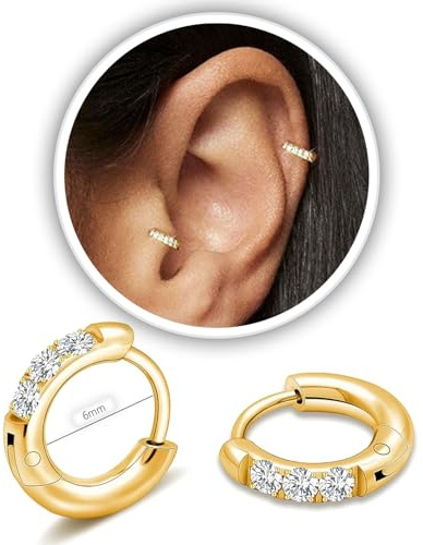 CZ Huggie Hoop Earrings, Gold Stainless Steel 6mm 2mm