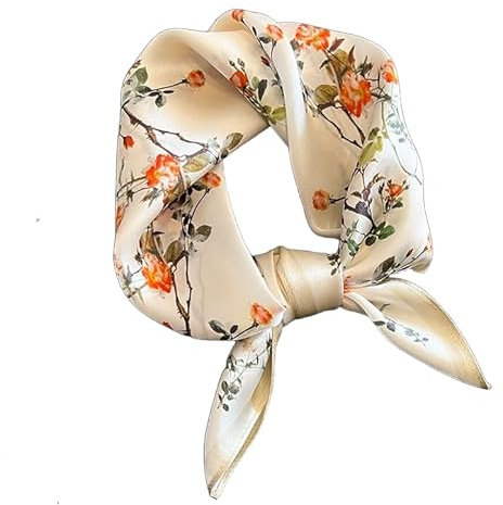 GIMIRO Schal aus imitierter Seide [53 x 53cm] Quadratische Schals Impressionismus-Muster Vintage-Schal für Büroarbeit oder lässigen Bund (78# AA01 White/Small Red Flower)
