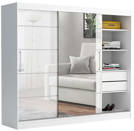 Brent - Kleiderschrank mit Spiegel und Schubladen 235cm Breit Chelsea Tomy, Schwebetürenschrank mit Spiegel, Schlafzimmerschrank, Kleiderschrank Weiß Matt/Weiß Hochglanz