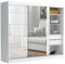 Brent - Kleiderschrank mit Spiegel und Schubladen 235cm Breit Chelsea Tomy, Schwebetürenschrank mit Spiegel, Schlafzimmerschrank, Kleiderschrank Weiß Matt/Weiß Hochglanz