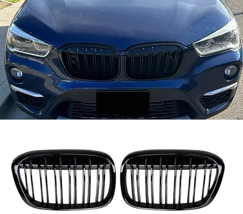 YIUBCZOQI F48 Parrilla delantera para BMW X1 F48 F49 2016 2017 2018 2019 negro brillo radiador frontal doble costillas parrilla parrilla