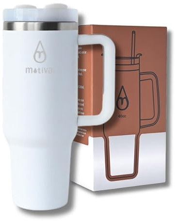 Motivai® Tumbler - 40oz - Thermobecher mit Griff und Strohhalm - Edelstahlbecher - Travel Cup - Mug to go - Trinkbecher to go - Thermosflasche - (Weiß)