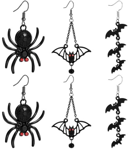 Halloween Ohrringe,Regerly 3 Stück Fledermaus Ohrringe Spinnen Ohrringe Halloween Tier Ohrringe Damen Lang Hängende Ohrhänger Vampir Kostüm Zubehör Halloween Kostüm Damen Schwarze für Halloween Karnev