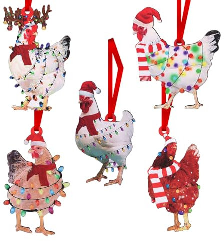 volumoon 5 Stück Weihnachtsbaum Hängen, Holz Weihnachtsanhänger, Huhn mit Schal, Weihnachtsdeko, Spaß Weihnachtsanhänger, Autodekoration, Feiertagsdekoration, Holz Hängender Tag, Weihnachtsdekoration