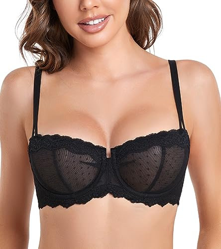 DotVol Women's Balconette Sheer Lace Half Cup Unpadded Underwire Slightly Push Up Bra(Black, 38D)