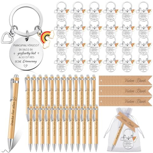 Nezyo 24 Sets Dankeschön Geschenke für Kollegen Inspirierende Schlüsselanhänger Holz Kugelschreiber Geschenkanhänger Organzasäckchen Abschiedsgeschenke für Mitarbeiter Jobwechsel Ruhestand Weihnachten