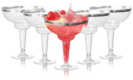 MATANA 24 Elegant Plastic Margarita Cocktail Glasses with Silver Rim (360ml / 12oz) - Sturdy & Reusable - Daiquiri Martini Glasses for Weddings Birthdays, Christmas & Outdoor Parties