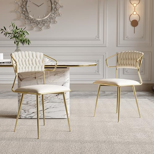 KEFSR Lot de 2 chaises de salle à manger modernes en velours avec revêtement tissé, chaises d'appoint avec pieds en métal doré, pour table à manger, cuisine, coiffeuse (beige)