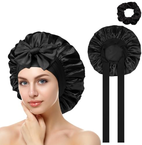 Seidenhaube zum Schlafen, Schlafhaube Seide Verstellbare Satin Haarhaube Atmungsaktive Haarhaube für die Nacht Weiche Silk Bonnet Schlafmütze für Damen und Mädchen, mit Haargummis