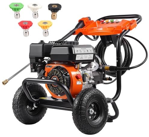 VEVOR Benzin-Hochdruckreiniger, 3500 PSI 10 L/min, 2,6 GPM Terrassenreinger mit Aluminiumpumpe, Hochdruckpistole & Verlängerungsstab, 5-Düsen-Set, für Autos, Zäune, Häuser, Einfahrten, Terrassen