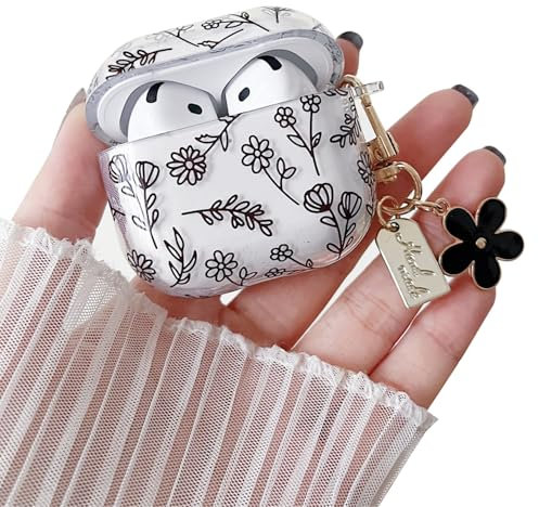 MINSCOSE Kompatibel mit AirPods 4 Klar Hülle,Niedliche Blume Floral Ästhetisches Design mit Blumen Schlüsselanhänger,Weiche TPU Schutzhülle für Frauen Mädchen für AirPods 4-Schwarz