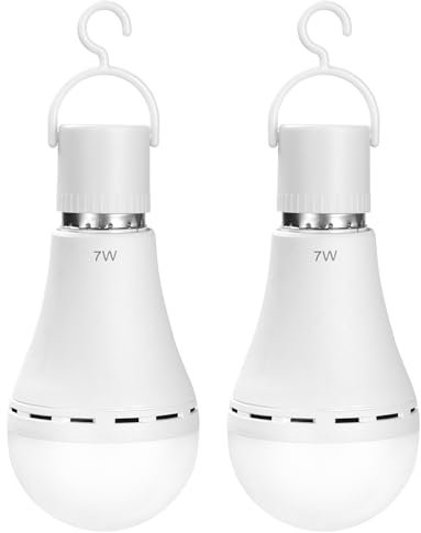 AUAUY 2PZ Lampadina Ricaricabile, Lampada da Campeggio a LED, E27 7W Lampadina LED Dimmerabile con Touch Control, Luci Di Emergenza Campeggio Con Gancio, per Casa ed Esterni, Luce Bianca(6500K)