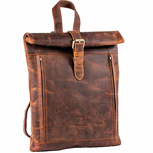 MATADOR Leder Rucksack Damen Groß 'MAASTRICHT XL', eleganter Rolltop Damenrucksack Cityrucksack Rucksacktasche diebstahlsicher, Rucksack-Damen City Bag Tagesrucksack Lederrucksack in Vintage Braun