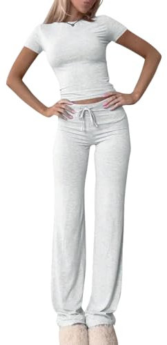 shownicer Damen Hausanzug Lounge Set Kurzarm Crop Top und Hose Freizeitanzug Slim Fit Loungewear Zweiteiler Outfit Casual Jogginganzug Schmal Yoga Trainingsanzug A Hellgrau S