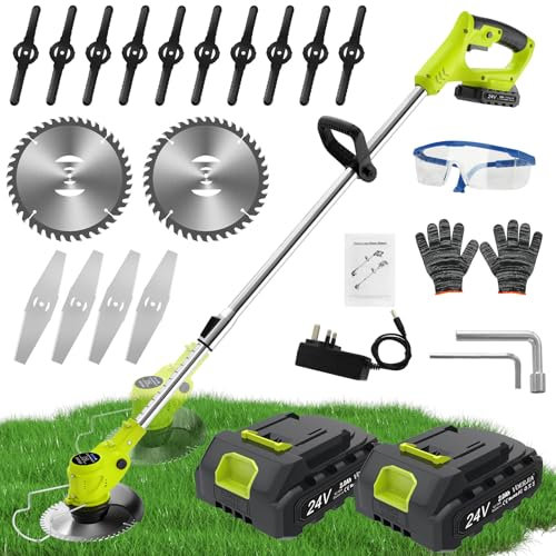 VOERJIA 24V Cordless Telescopic Strimmer - Lightweight Electric Grass Trimmer and Edger with 2x2000mAh Batteries, 6 Metal & 10 Plastic Blades, Ideal for Lawn Care, Weed Control, and Garden Maintenance