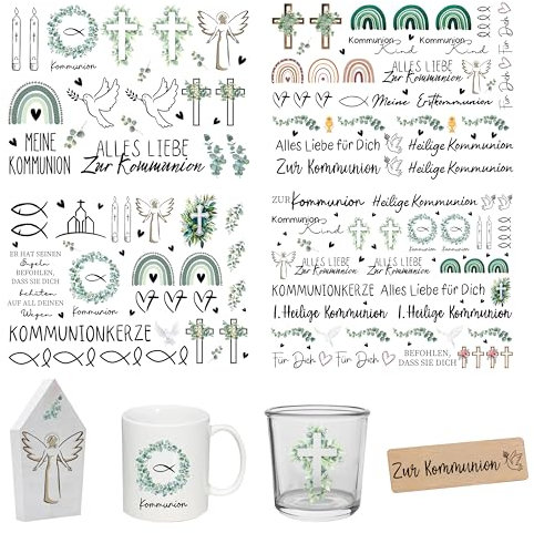 FloraVigo Rub On Sticker ca.A5 19x14cm-Spruch Deko zum Geburtstag, Keraflott, Hochzeit, Zuhause, Wischfolie für Möbel, Glas, Holz, Fotoalbum, DIY Deko, Aufkleberästhetik(4PCS) (Kommunion)