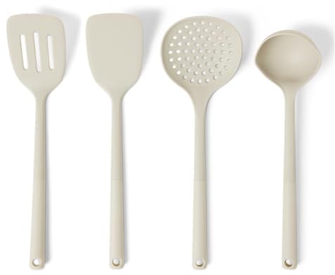 Amazon Basics Cucchiai e Mestoli da Cucina in Silicone, Set di 4 Pezzi, Impugnatura Morbida, Senza BPA, Lavabili in Lavastoviglie, Grigio Lino