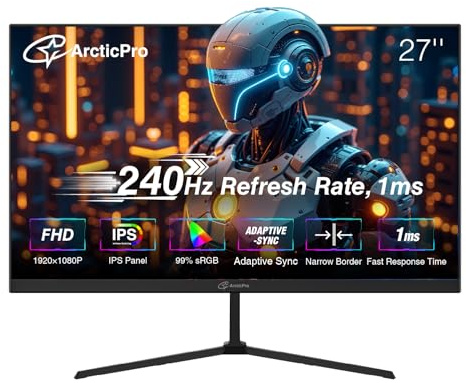 ArcticPro Monitor da gioco 27 pollici, 240 Hz, FHD 1080p, pannello IPS, tempo di risposta di 1 ms, sincronizzazione adattiva, monitor del computer del PC, senza cornice, ultra sottile, 99% sRGB
