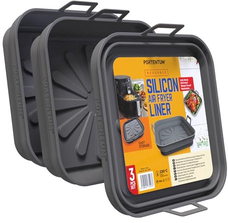 PORTENTUM Set de 3 Molde Silicona Freidora de Aire Cuadrados Plegables 22,5 cm – Para freidoras de aire de 4,7 a 8 litros – Recipientes Reutilizables – LFGB y BPA Free – Accesorios Air Fryer