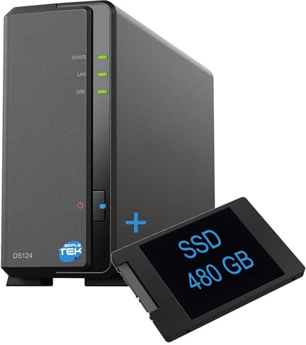 SIMPLETEK - Dispositivo di archiviazione di rete NAS a 1 vano con SSD 480GB SATA da 3,5″, Ethernet gigabit, 1 GB RAM, USB 3.2, – Colore Nero