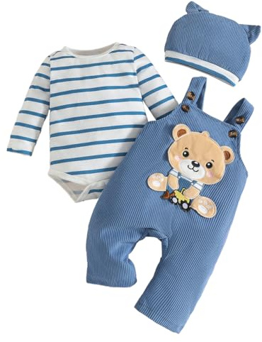 LUVCES Vestiti Set per Neonati Maschi Tutina a Righe a Maniche Lunghe + Pantaloni con Bretelle di Animale + Cappello 3 Pezzi Set di Abiti Autunnali e Invernali 0-18 Mesi