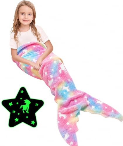 Ranedo Mermaid Tail Blanket for Girls, Glow in The Dark Unicorn Flannel Throw, Soft All-Season Wearable Snuggle Blanket Gift for Kids & Teens,140cm x 60cm (Pink)