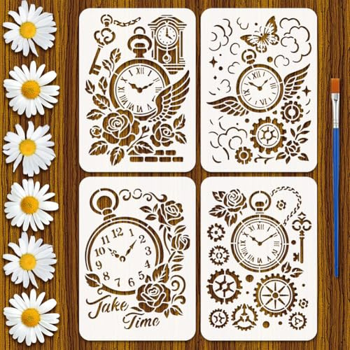 FINGERINSPIRE 4 Pz Vintage Stencil per Orologi con Ingranaggi e Pennello, 29.7x21cm 4 Stili Stencil per Pittura con Orologi Creativi, Rose, Fiori, Parole, Chiavi, Modello in PET per Pavimenti in Legno